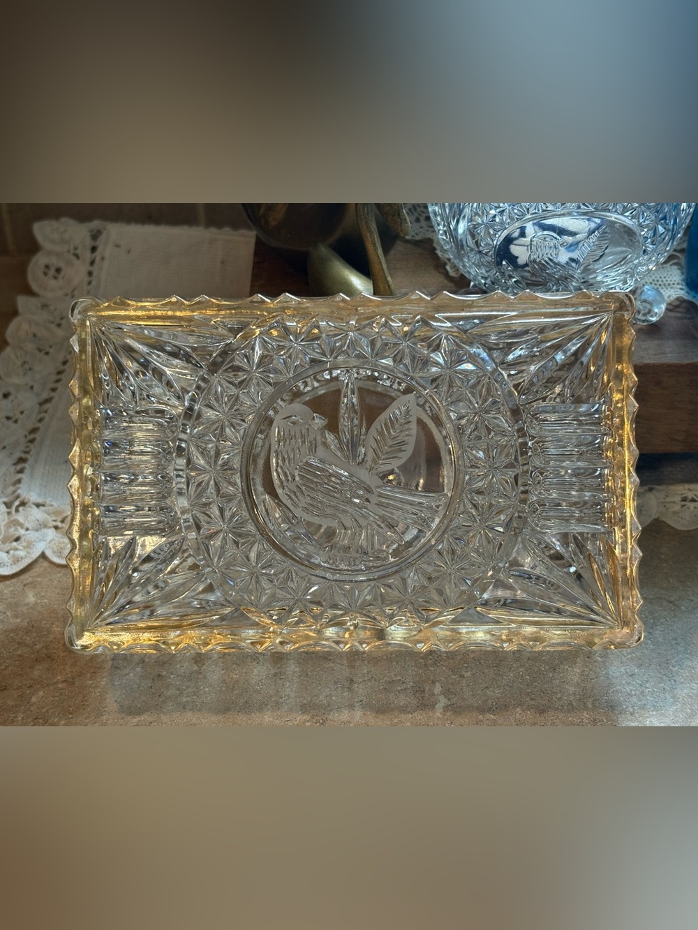 Vintage Pressed Glass Decorative Crystal Tray with Bird Motif and Gold Trim